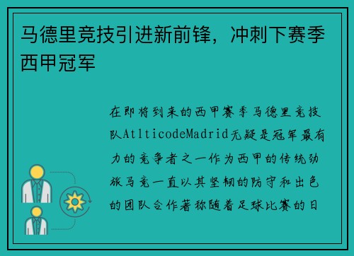 马德里竞技引进新前锋，冲刺下赛季西甲冠军