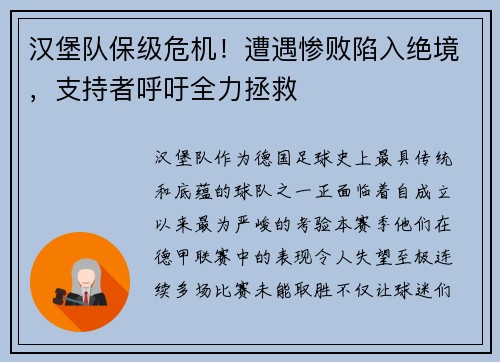汉堡队保级危机！遭遇惨败陷入绝境，支持者呼吁全力拯救