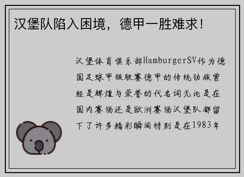 汉堡队陷入困境，德甲一胜难求！