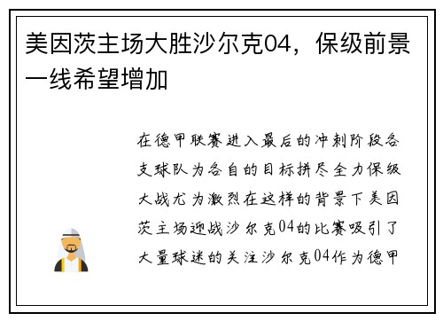 美因茨主场大胜沙尔克04，保级前景一线希望增加