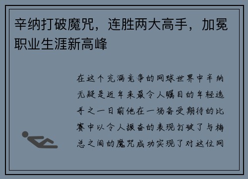 辛纳打破魔咒，连胜两大高手，加冕职业生涯新高峰