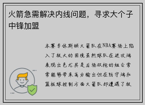 火箭急需解决内线问题，寻求大个子中锋加盟