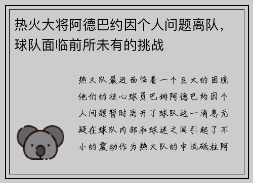 热火大将阿德巴约因个人问题离队，球队面临前所未有的挑战