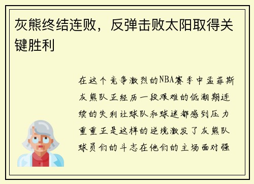 灰熊终结连败，反弹击败太阳取得关键胜利