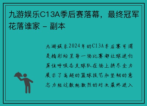 九游娱乐C13A季后赛落幕，最终冠军花落谁家 - 副本
